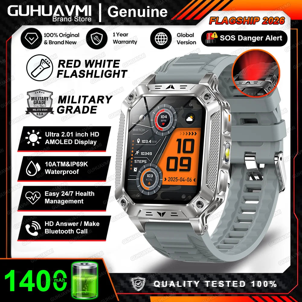 Montre connectée homme 2026 avec batterie ultra-large intégrée de 1400 mAh, GPS extérieur, écran AMOLED de 2,01", étanche 10 ATM, appel BT