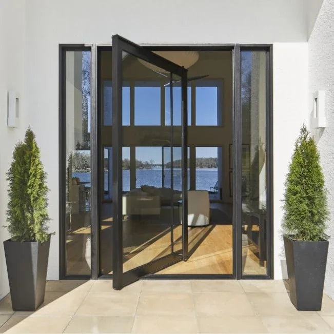 Portes d'entrée modernes pour maison, portes d'entrée en verre trempé de sécurité, porte pivotante en verre et aluminium pour villas, ouverture manuelle intérieure
