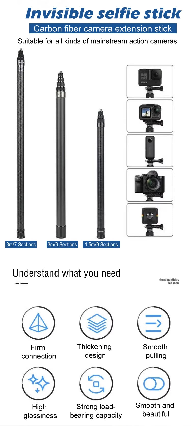 HONGDAK Monopode extensible en fibre de carbone de 3 m, édition étendue, perche à selfie invisible pour Insta360 X3 X2, trépied pour GoPro