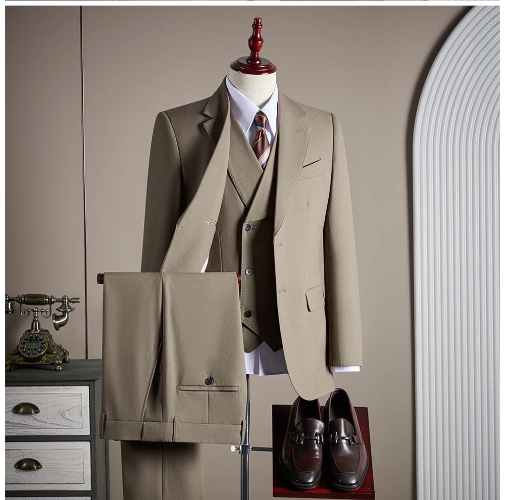 Ensemble de costume trois pièces en laine haut de gamme pour homme, élégant et décontracté, de couleur unie, idéal pour banquets et mariages.