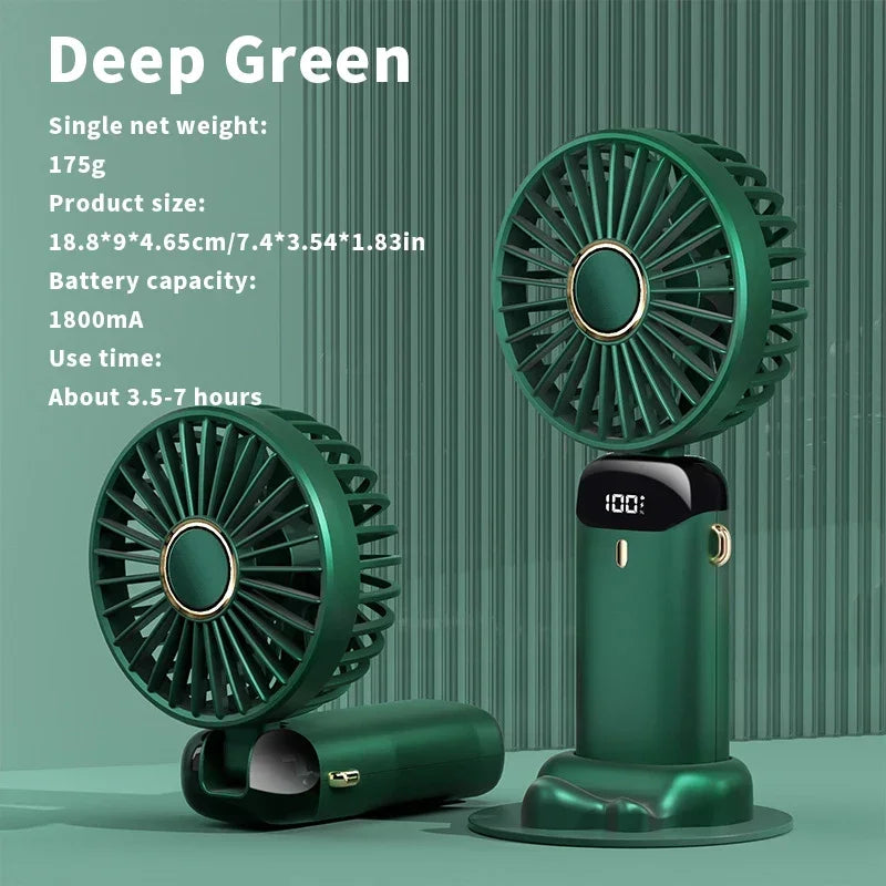 Mini ventilateur portable 3000 mAh pliable, à poser sur un bureau, à suspendre autour du cou, 5 vitesses, rechargeable par USB, support de téléphone, écran d'affichage