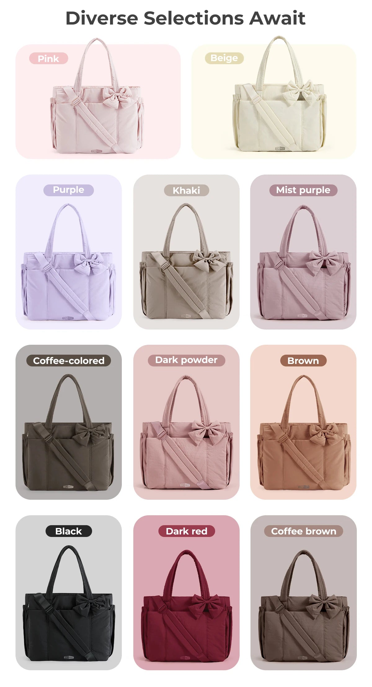 BAGSMART Sac fourre-tout trois tailles avec plusieurs poches, sac à main gonflé, sac à bandoulière décontracté, sac fourre-tout grande capacité