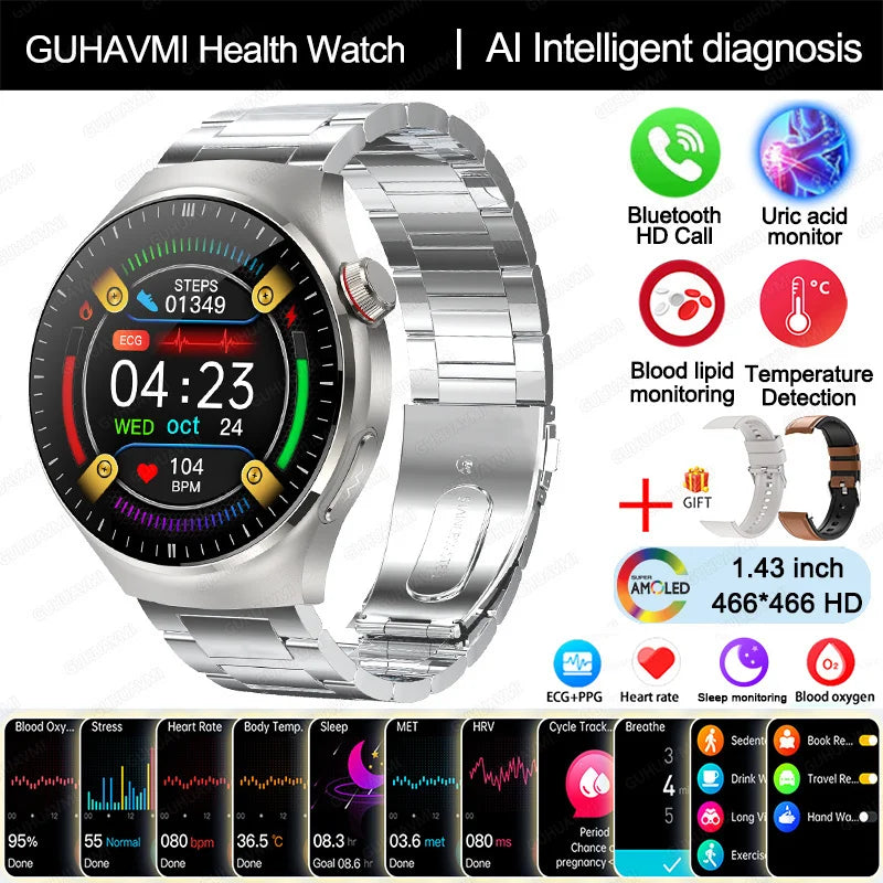 Montre Intelligente de Soins Infirmiers 2025 Montre connectée Santé, oxygène sanguin, lipides sanguins, acide urique, ECG+PPG, température corporelle, appel Bluetooth