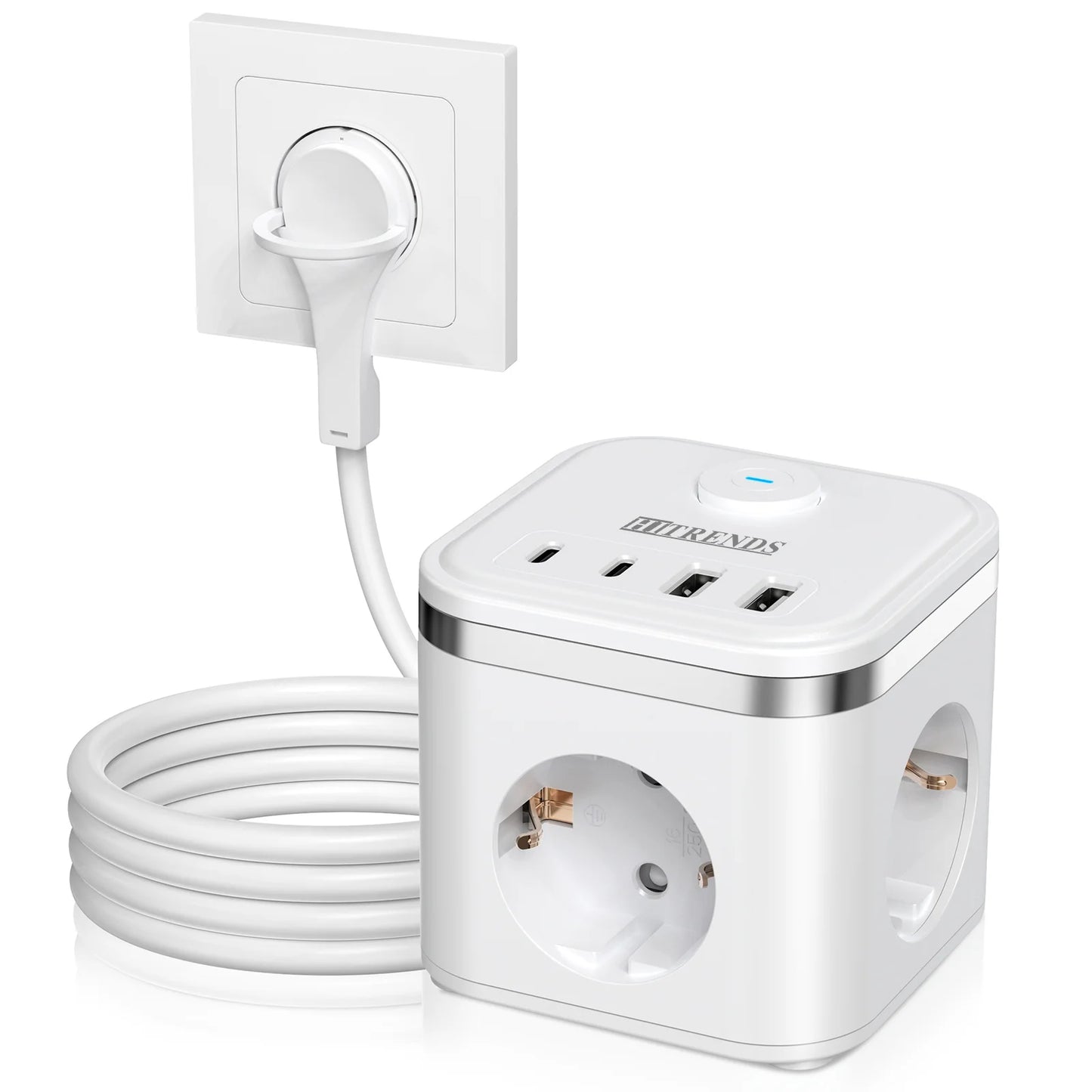 7-in-1 EU Multi-function Power board Ultra-thin flat plug with 3 AC power outlets 2 USB-C and 2 USB-A 2-meter extension cords