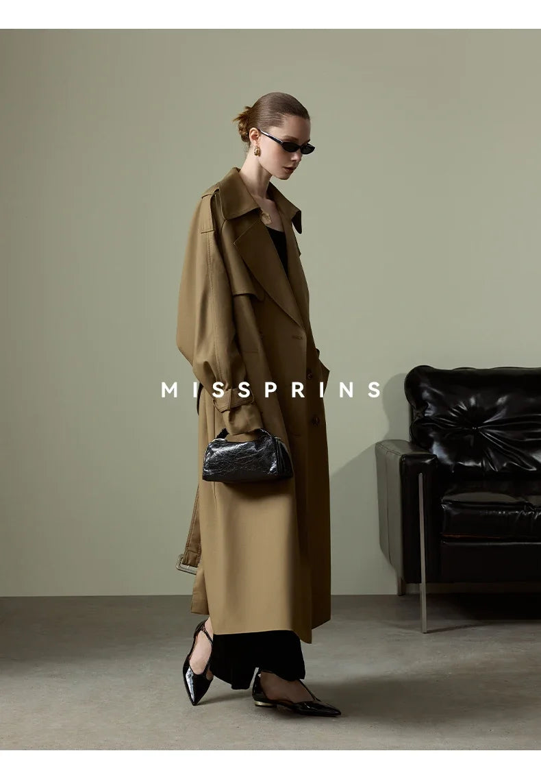 Lautaro Frühling Herbst Langer Khaki Trenchcoat für Damen Gürtel Zweireiher Schick Luxus Designer Europäische Mode Kleidung 2025