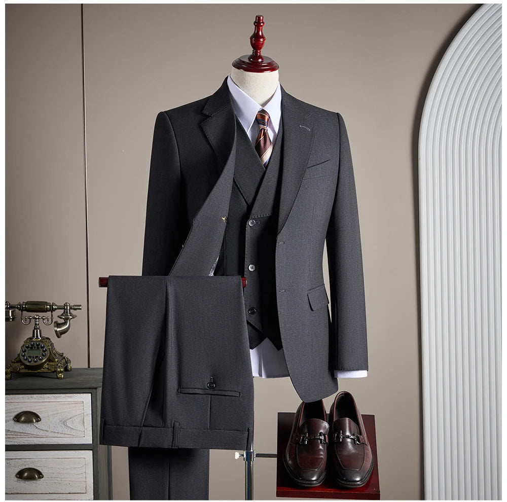 Ensemble de costume trois pièces en laine haut de gamme pour homme, élégant et décontracté, de couleur unie, idéal pour banquets et mariages.
