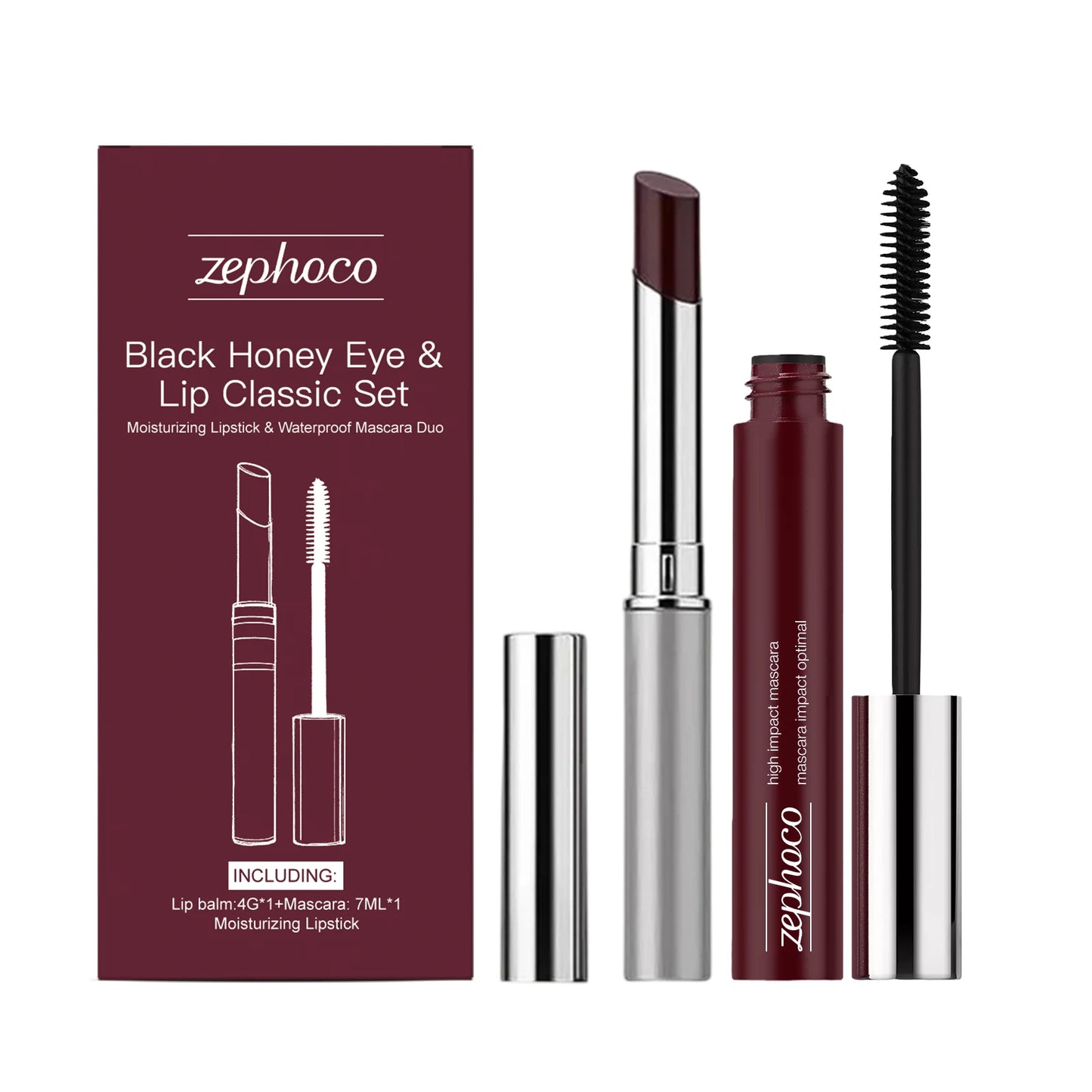 Black Honey Iconic Eye & Lip Makeup Set - Black Volumizing Mascara + Hydrating Shine Lipstick, Lash Curling Cosmetic Tools