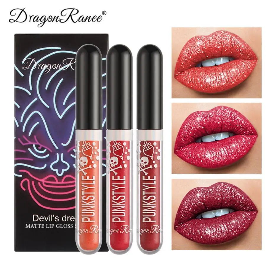 Lip Gloss in a Box of Three, Pearlescent Lipstick in a Non-Stick Cup, Shiny Purple and Black Lip Gloss Set