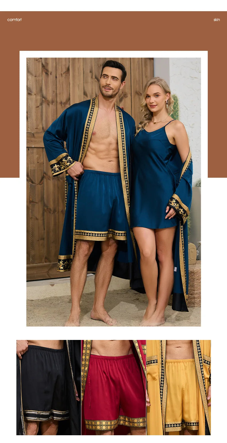 Frühling Sommer Neu Herren Schlafanzug 2-teiliges Roben-Shorts-Set Barockstil Seidensatin Kimono Bademantel Nachthemd Lose Homewear Loungewear