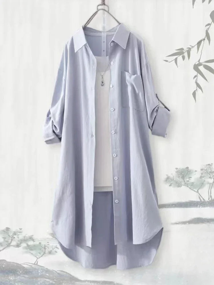 Chemisier ample grande taille respirant Chemise mi-longue coréenne décontractée Chemises d'automne Femme Chemises unies simples à manches longues