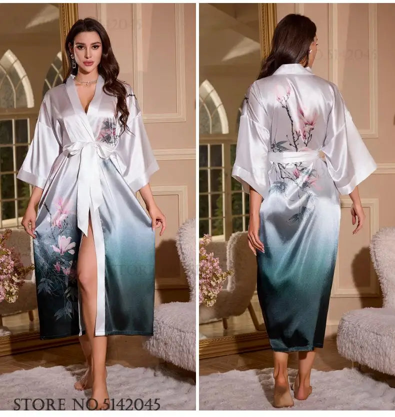 Großer Kimono Bademantel Blütenmuster Langer Morgenmantel Negligé Hauskleidung Frühling Sommer Neue Nachtwäsche Lose Pyjamas