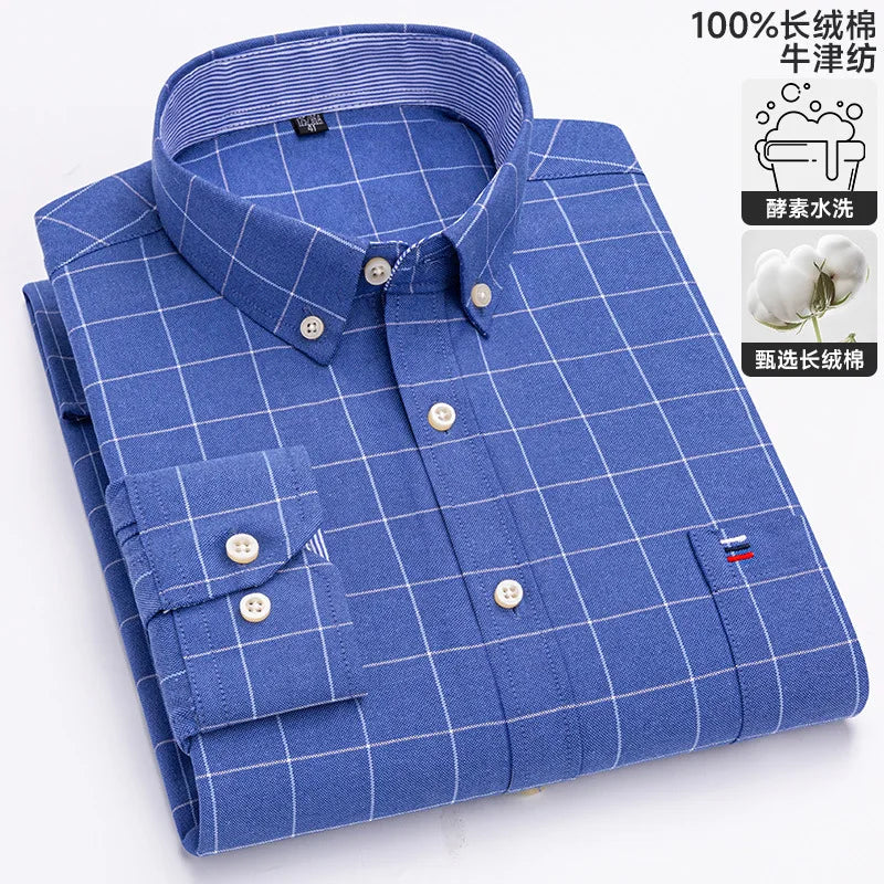 100-220 catties Plus Size Men's Shirt 100% Cotton Long Sleeve Business Casual All Oxford Spinning Plus Size Plaid Shirt