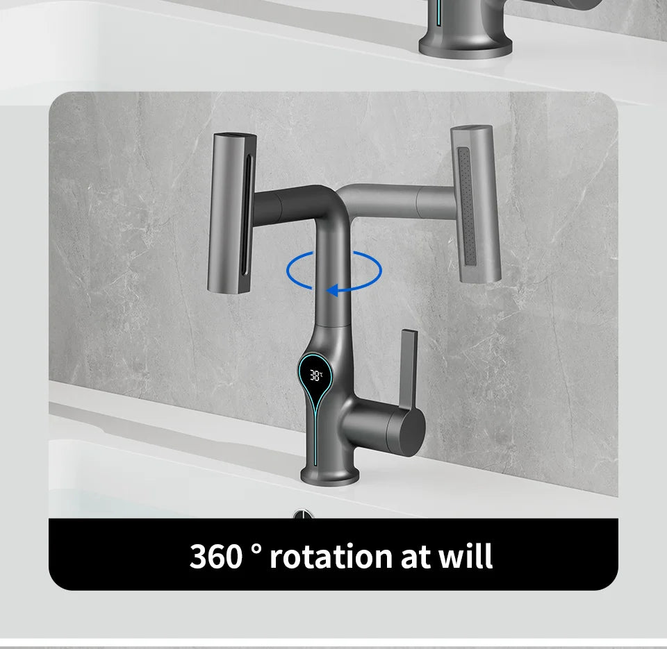 Robinet de lavabo numérique avec affichage de la température Cascade, pulvérisateur à jet relevable haut et bas, mélangeur chaud/froid pour salle de bain
