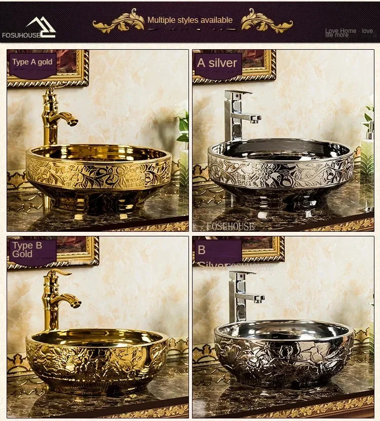A17 Éviers de Salle de Bain de Luxe Dorés Céramique Maison Lavabo Créatif Toilettes Rondes Au-dessus du Comptoir Simple Salle de Bain Accesoire