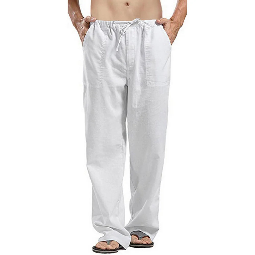 Herren Baumwolle Leinen Lange Hose Leicht Kordelzug mit Taschen Bequeme Gerade Bein Freizeithose für Sommer Strand