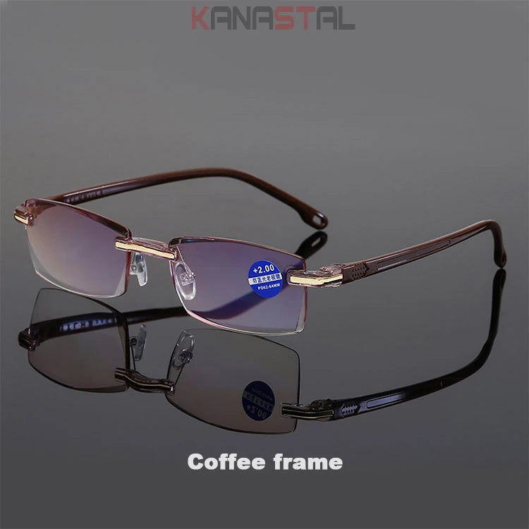 Lunettes de lecture anti-lumière bleue pour femmes, monture sans bords à découpe diamantée, pour hommes, anti-fatigue, hypermétropie, presbytie +1,5