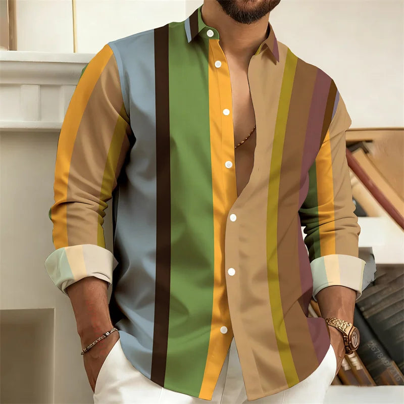 Chemise Homme à Rayures Color Block Manches Longues, Chemise Décontractée Business Style Rétro, Haut Tendance Homme Coupe Slim, Tailles S-6XL
