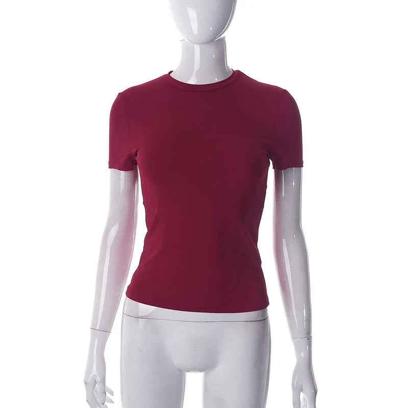 2025 Printemps Nouveau T-shirt à Manches Courtes Femme Uni Simple Décontracté Doux Polyvalent Chaud Basique Crop Tops Tees Mode d'Été