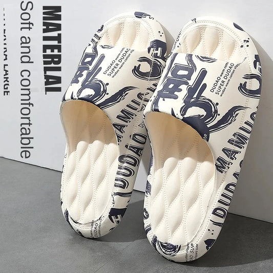 QYCKABY 2024 Mens Summer Slippers Beach Sandals Flip Flop Printing Thick Soled Boys Girls Unisex Home Bath Shoe Large Size 46-47