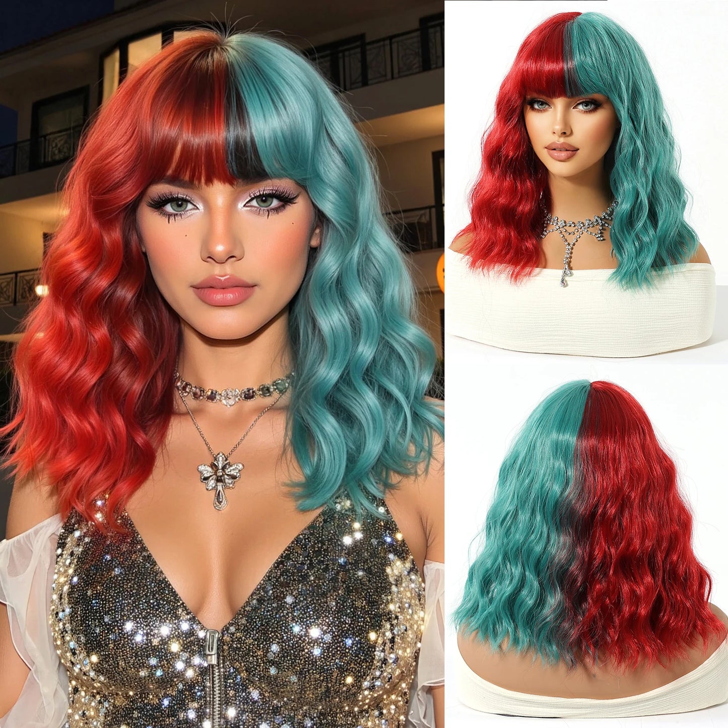 Perruque Synthétique Rouge Helloween Perruque Courte Bob Naturelle avec Frange pour Femme Fête Quotidienne Cosplay Fibre Résistante à la Chaleur