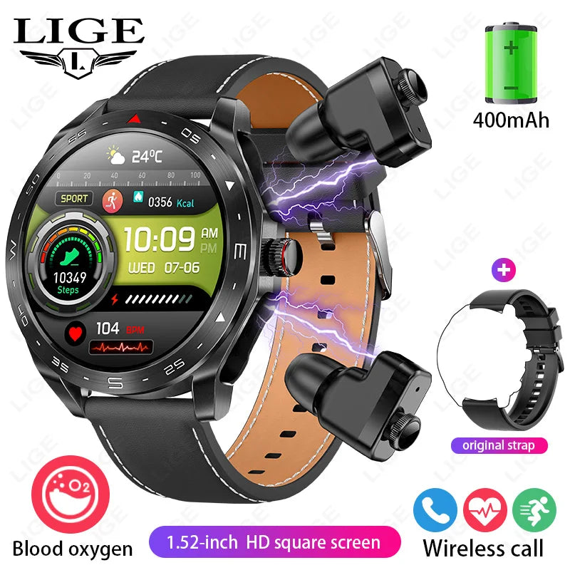 LIGE Avec écouteurs Bluetooth Casque Smartwatch Femme Moniteur d'activité Montre de sport Homme Étanche Montre intelligente Écran AMOLED