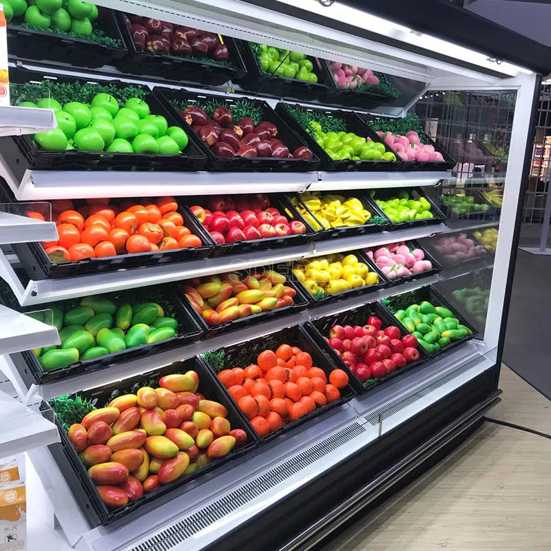 Kundenspezifischer kommerzieller Gemüse-Obstkühler Multideck Offener Kühlregal Kühlschrank