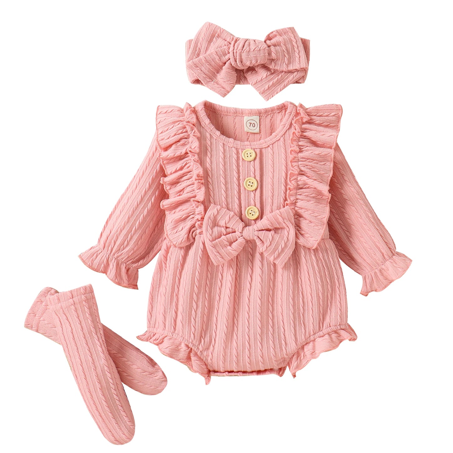 Ensemble 3 pièces printemps automne pour bébés filles, barboteuse à manches longues boutonnée avec volants + chaussettes + bandeau
