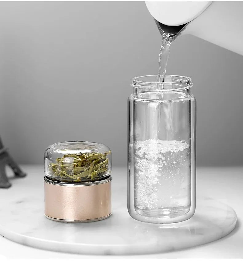 Bouteille d'eau à thé 420 ml en verre borosilicate double paroi avec infuseur pour thé, tasse à thé, gobelet, boisson avec filtre à thé
