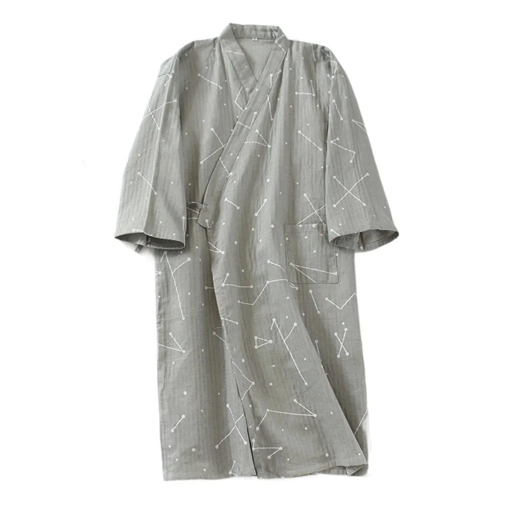 Bath Robe V-Neck Men's Kimono Bathrobe Long Sleeve Loose Kimono Pajamas Casual Thin Japanese-Style Yukata Summer