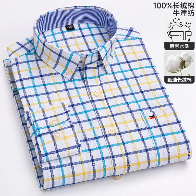100-220 catties Plus Size Men's Shirt 100% Cotton Long Sleeve Business Casual All Oxford Spinning Plus Size Plaid Shirt