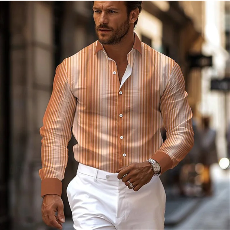 Gestreiftes Business-Casual-Herrenhemd mit 3D-Druck, Straßen-Freizeitkleidung, Frühling und Sommer, Revers, Langarm, 5XL, Stretchstoffhemd