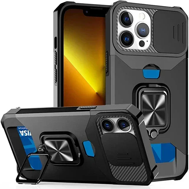 Hülle für iPhone 17 16 15 14 13 12 Pro Max Plus 8 7 Plus Mini Robuster Schutz mit Schiebe-Kameraabdeckung und Kartenclip-Abdeckung