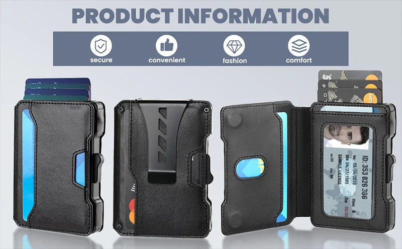 Aluminium Pop-Up-Kartenetui und Lederfächer Kreditkartenhalter RFID-blockierende Brieftasche für Herren mit Geschenkbox