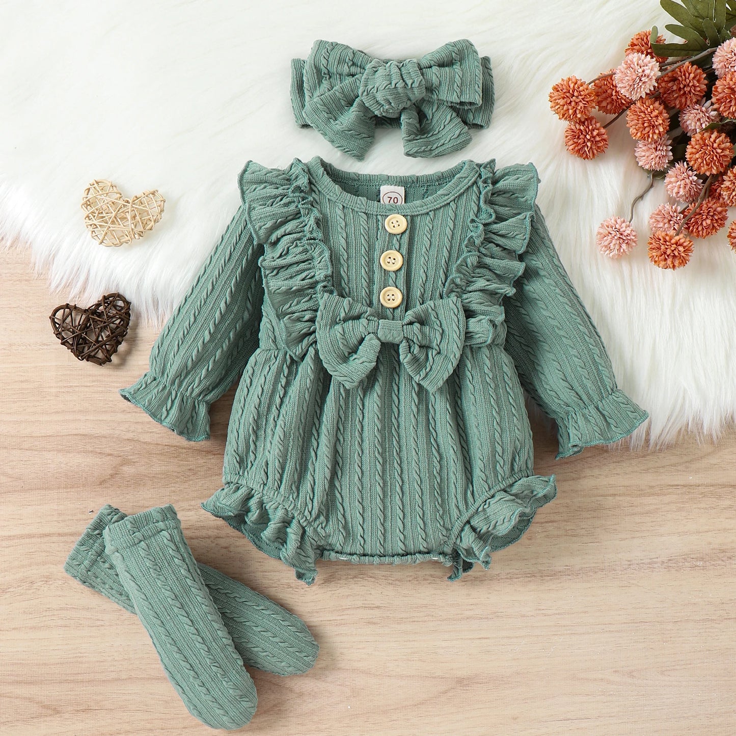 Ensemble 3 pièces printemps automne pour bébés filles, barboteuse à manches longues boutonnée avec volants + chaussettes + bandeau