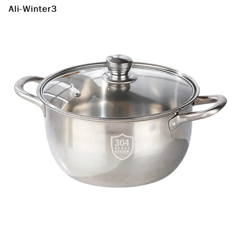 【R】Stainless Casserole Cookware Double Handle Soup Pot With Glass Cover For Induction Cooker Cooking