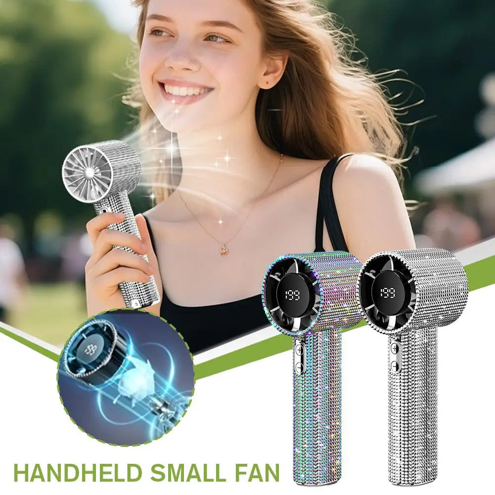 1 Stück Luxus Diamant Handheld Mini-Ventilator 199-Gang einstellbar Tragbarer Handheld Turbo-Ventilator Outdoor Digitalanzeige Elektrischer Ventilator