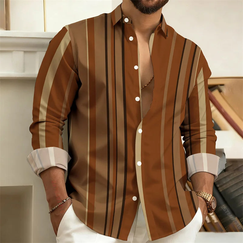 Chemise Homme à Rayures Color Block Manches Longues, Chemise Décontractée Business Style Rétro, Haut Tendance Homme Coupe Slim, Tailles S-6XL