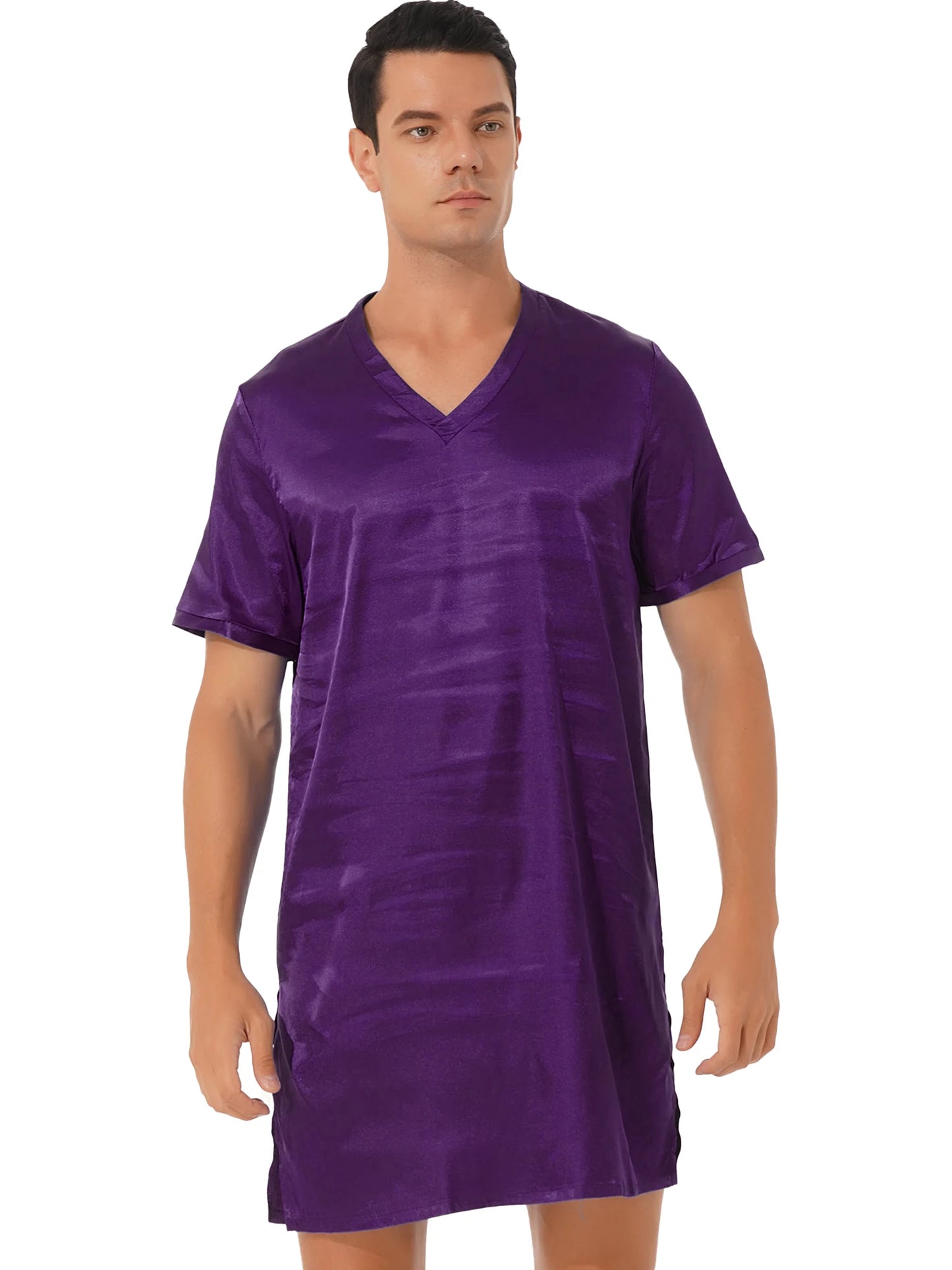 Damen Herren Seidensatin Pyjamas Schlafanzug Kurzarm Nachthemd Kimono Bademantel Schlafrock Morgenmantel Sommer Nachthemd Homewear