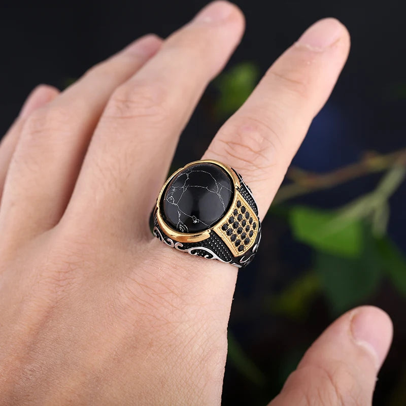 Dropshipping Vintage Gothic Stil Schwarzer Stein Ring 316L Edelstahl Geschnitzter Ring Herren und Damen Mode Biker Schmuck Geschenk
