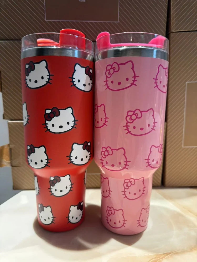 Kawaii Hello Kitty 40oz Edelstahl-Vakuumbecher Anime mit Griff Strohhalmbecher Kaffeetasse mit Verpackungskarton Schnelle Lieferung