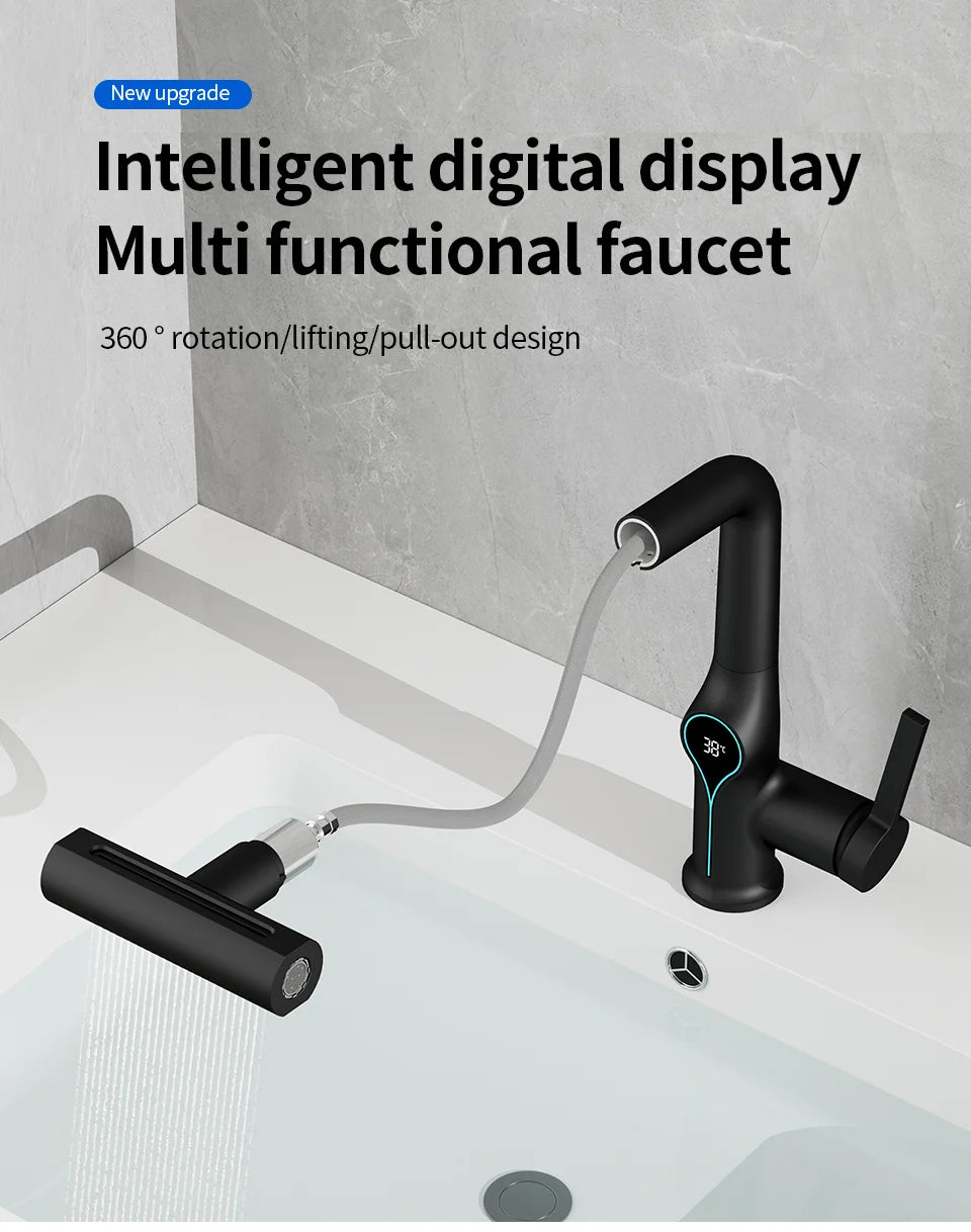 Robinet de lavabo numérique avec affichage de la température Cascade, pulvérisateur à jet relevable haut et bas, mélangeur chaud/froid pour salle de bain