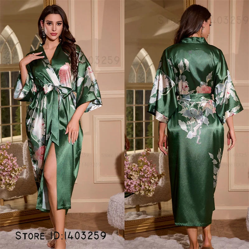 Großer Kimono Bademantel Blütenmuster Langer Morgenmantel Negligé Hauskleidung Frühling Sommer Neue Nachtwäsche Lose Pyjamas