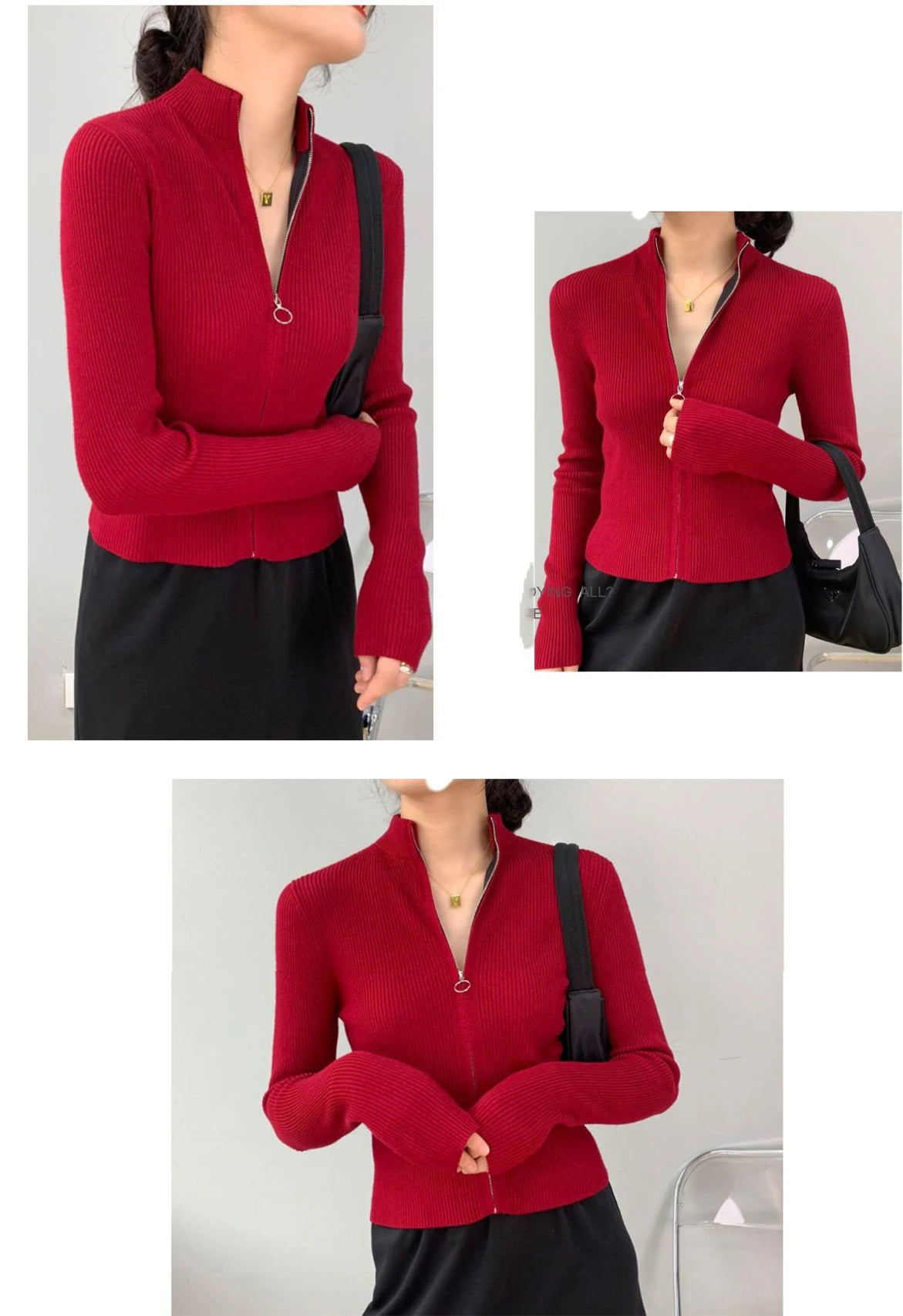 Frühling Herbst Reißverschluss Cardigan Damen Pullover Gestrickt Langarm Stehkragen Oberteile Koreanische Mode Kurzer Pullover für Damen