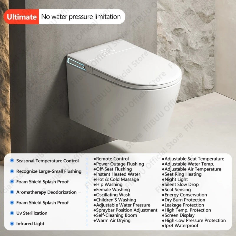 Toilettes intelligentes murales ultimes noires/grises/blanches avec bidet intégré, réservoir d'eau, toilettes allongées monobloc, siège chauffant à eau chaude