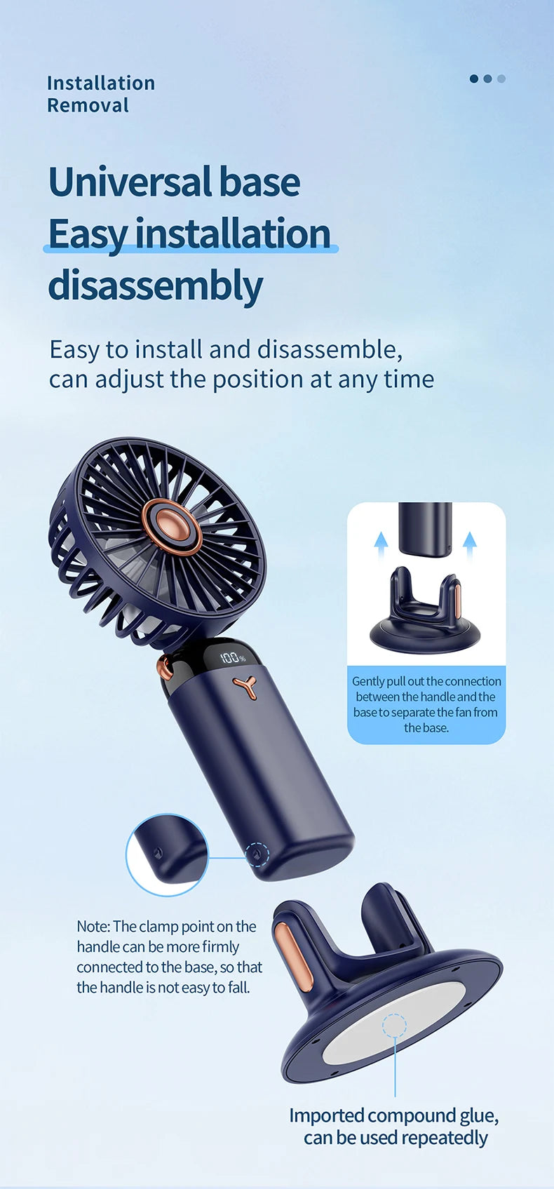 Mini ventilateur portable 3000 mAh pliable, à poser sur un bureau, à suspendre autour du cou, 5 vitesses, rechargeable par USB, support de téléphone, écran d'affichage
