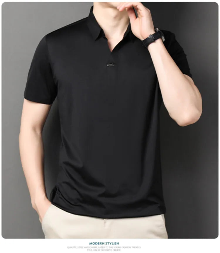 Polo 2024 de haute qualité, extensible et élastique, Chemise à manches courtes pour hommes, style décontracté, Col en V sans coutures, Polo pour hommes M-4XL