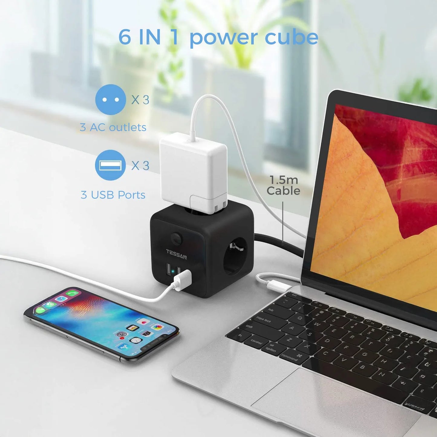 TESSAN Cube Table Power Strip Extender with 3 Outlets 3 USB Ports 1.5M Extension Cord EU KR Plug Tee Socket Adapter with Switch