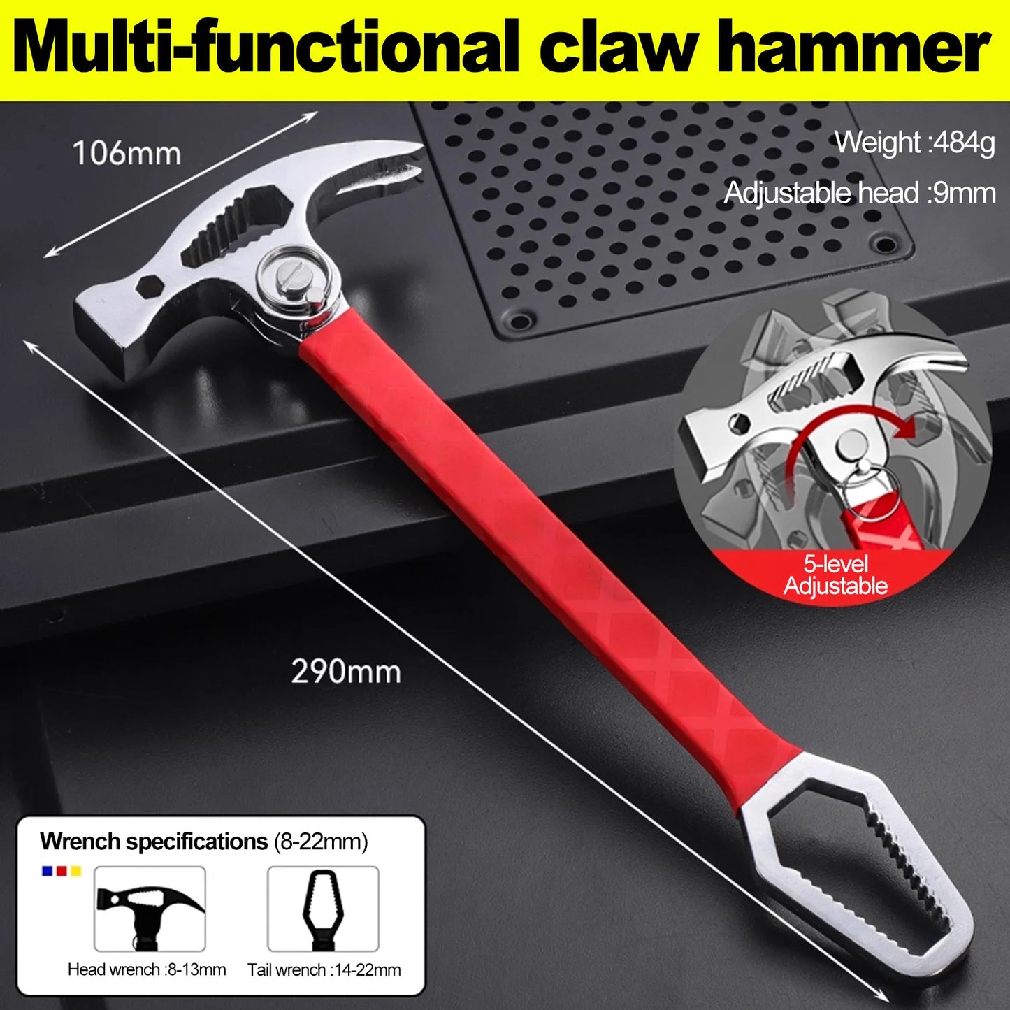 Multifunktionaler Schafshornhammer, angeschlossener Hammer, universeller Schraubenschlüssel, Brecheisen, Nagelheber, Holzbearbeitungshammer, klappbarer Schafshornhammer