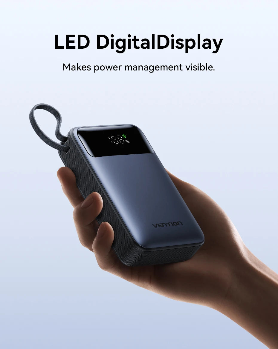 Vention 65W Power Bank 20000mAh Built-in USB-C Cable Portable Powerbank for Laptop PD Fast Charger for iPhone 17 Samsung S25 S24