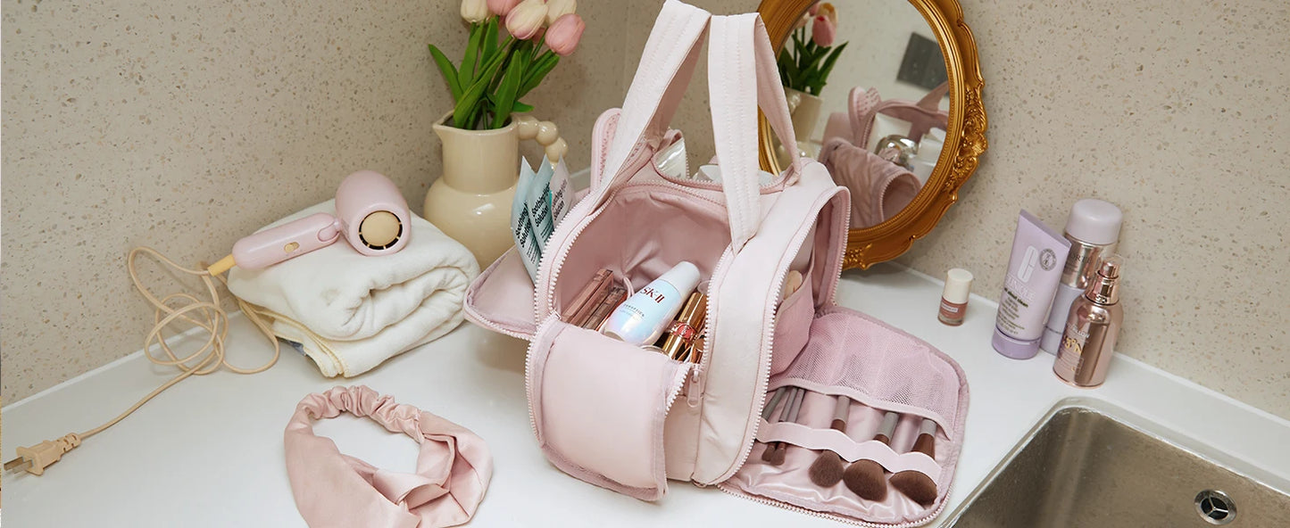 BAGSMART Kulturbeutel mit großer Kapazität, Make-up-Tasche mit Öffnung, tragbare Kosmetiktasche mit Griff für Accessoires und Toilettenartikel